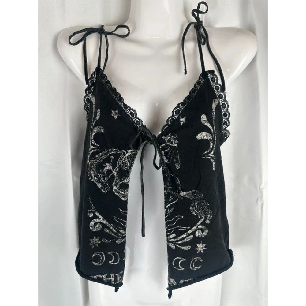 Grunge Goth Celestial Western Horse Front Tie Cami Lace Trim Tank Size Small